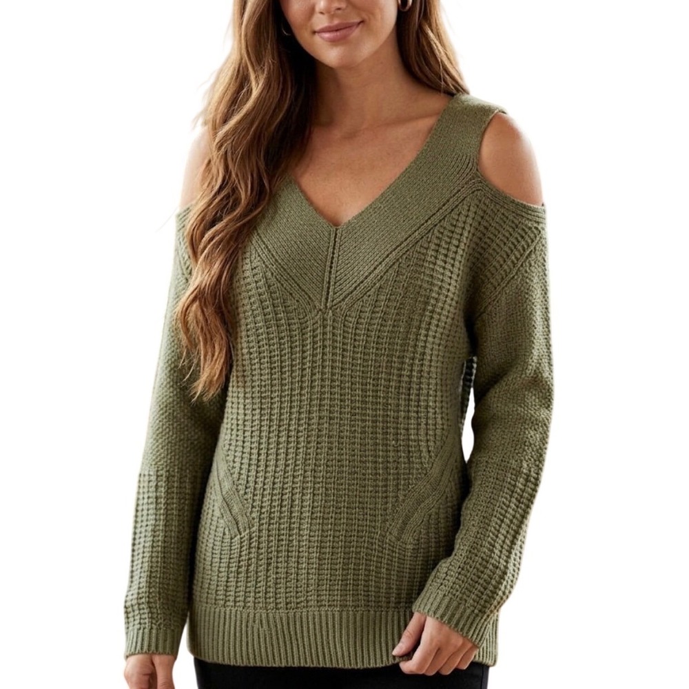 Per Se by Carlisle Womens Olive Green Cold Shoulder V-Neck Cotton Knit Sweater